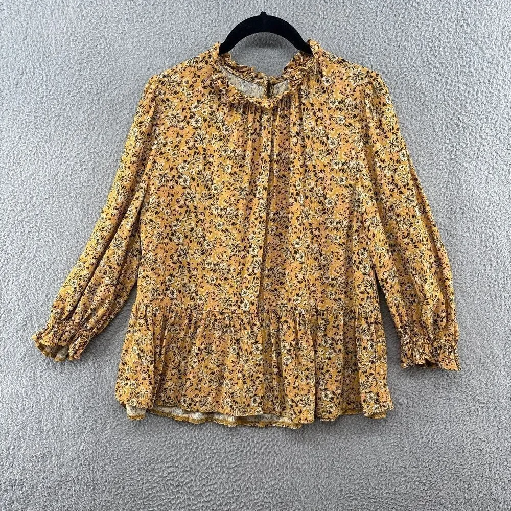 Nobody’s Child Mustard Floral Ruffle Mock Neck Peplum Blouse Long Sleeve Size 10